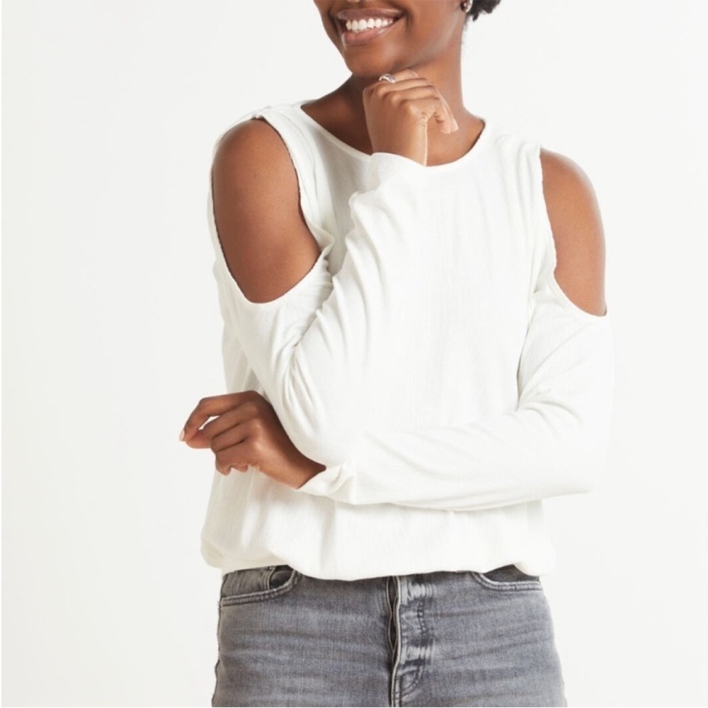 ALLISON JOY Loni Open Shoulder Rib Top Off White Evereve Long Sleeve Sz S NEW